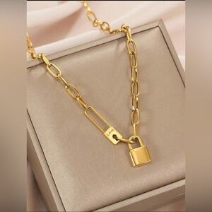 Gold Plated Stainless Steel Lock Pendant Necklace